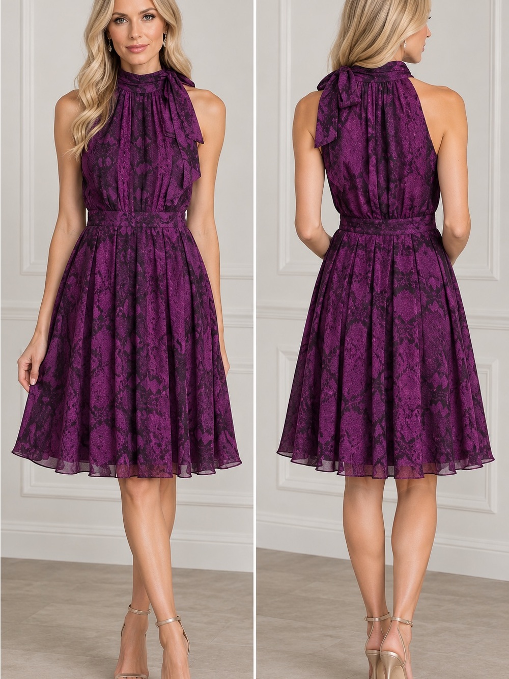 White House Black Market Purple Tie-Neck Midi Dress
